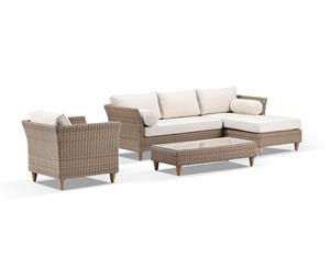 Carolina Outdoor Chaise Lounge With Arm Chair & Coffee Table - Brushed Wheat Cream cushions - Outdoor Wicker Lounges