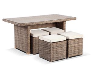 Half Round Wicker Dining Coffee Table With 4 Stowaway Ottomans - Outdoor Tables - Brushed Wheat Cream cushion