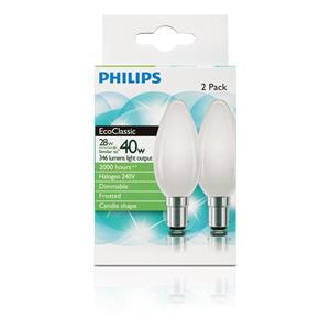 Philips 28w Frost Small Bayonet Clip EcoClassic Candle Globe - 2 Pack