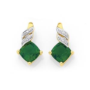 9ct Gold Created Emerald & Diamond Swirl Stud Earrings