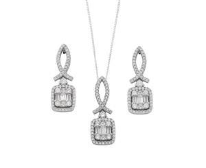 Bevilles Sterling Silver Baguette Cubic Zirconia Cluster Earrings and Necklace Set