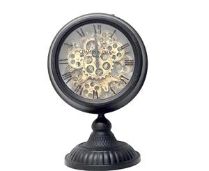 Exposed Gear Round Clock with Footed Stand - Black Wash