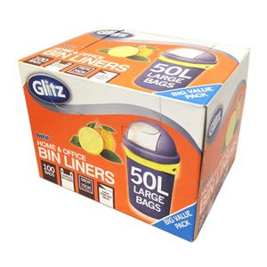 Glitz 50L Large Citrus Scented Tie Top Kitchen Bin Liners - 100 Pack