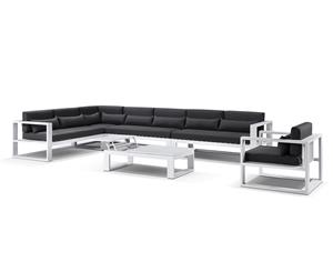 Santorini Package C Outdoor Lounge With Arm Chair & Coffee Table In White - White with Denim Grey - Outdoor Aluminium Lounges