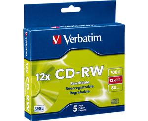 VCDRW-5US VERBATIM 5Pk Re-Writeable CD Vervatim High Speed 4-12X Slim Case Advanced Super-Eutectic Recording (Advanced Serl) Technology a Verbatim