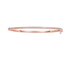 14k Rose Gold Shiny Oval Shape White Glitter Bangle Bracelet 7.25" - Pink