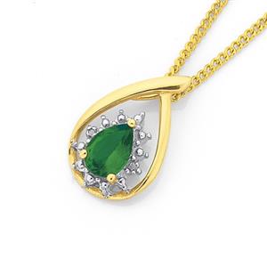 9ct Gold Created Emerald & Diamond Pear Cut Pendant