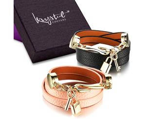 Boxed 2 Pieces Genuine Cow Leather Wrap Bracelet With 18K Gold Lock & Key Charm-