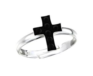 Children's Sterling Silver and Crystal Cross Adjustable Ring Black
