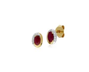 Classic Oval Ruby & Diamond Stud Earrings in Two Tone 9ct Yellow Gold