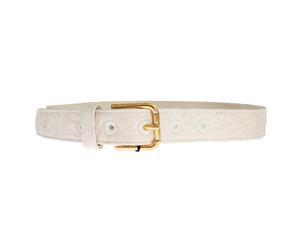 Dolce & Gabbana White Cotton Brocade Gold Buckle Logo Belt
