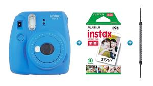 Instax Mini 9 Instant Camera - Cobalt Blue with Aztec Strap & 10 Pack of Film