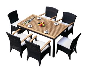 Kai 6 - 7 Piece Raw Natural Teak And Wicker Outdoor Dining - Charcoal with Vanilla - Outdoor Wicker Dining Settings
