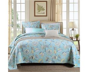 Luxury Quilted 100% Cotton Coverlet / Bedspread Set Queen King Size Bed 230x250cm Blue Flower