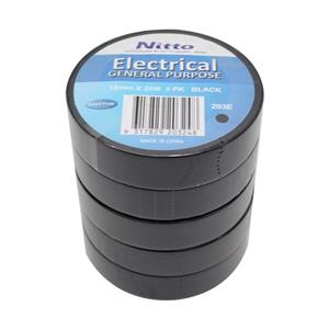 Nitto Denko 18mm x 20m Black PVC Electrical Insulation Tape - 5 Pack