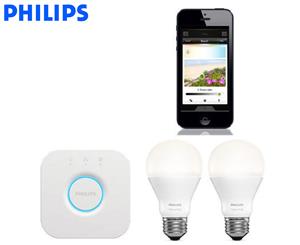 Philips Hue Wi-Fi Starter Kit w/ 2.0 Bridge & 2 x E27 Warm White LED Light Bulbs
