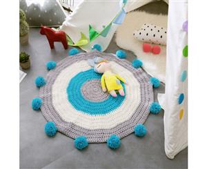 100% Handmade PomPom Acrylic Floor Rug Mat Blue Circle