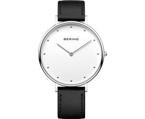Bering Unisex Classic Collection Silver Case White Dial Black Leather Strap