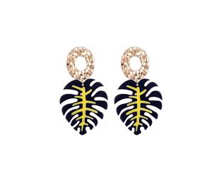 Jewelcity Sunkissed Womens/Ladies Large Leaf Earrings (Navy/Yellow/Gold) - JW953