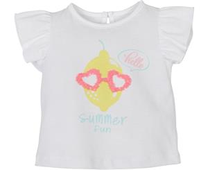 Mamino- Baby - Baby - Girl- Summer Fun- White Ruffle Sleeves Tee Shirt with Print and Glitter embroidery