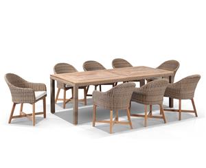Sahara 8 Rectangle With Coastal Chairs In Half Round Wicker - Outdoor Wicker Dining Settings - Brushed Wheat Cream cushions