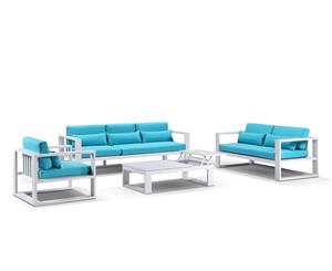 Santorini 3+2+1 Outdoor Lounge Setting With Coffee Table In White - Outdoor Aluminium Lounges - White with Turquoise cushions
