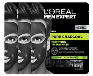 3 x L'Oreal Men Expert Pure Charcoal Purifying Tissue Mask 30g
