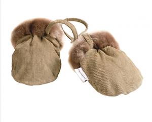 Faux Fur And Cotton Mittens Cotton Lined With String To Join - Brown
