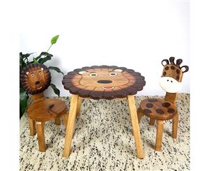 Kids Wooden Table + 2 Chairs Set Lion Design Carved Timber Children Furniture