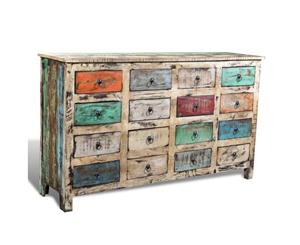 Reclaimed Wood Recycled Cabinet Multicolour Storage w/ 16 Drawers Vintage Chest