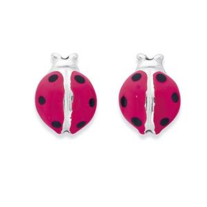 Silver Pink Enamel Ladybird Earrings