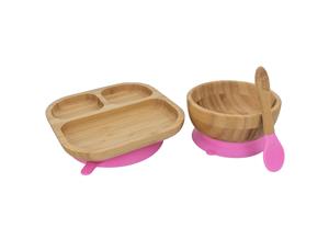 Tiny Dining Children's Bamboo Tableware Feeding Set - Plate Bowl Spoon with Stay Put Suction - Pink