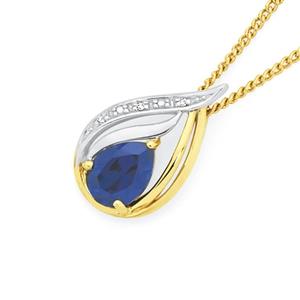 9ct Gold Created Sapphire & Diamond Pear Double Swirl Pendant