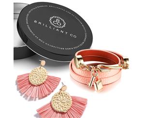 Boxed Pink Leather Wrap Bracelet and Fan Raffia Earrings Set