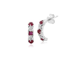 Classic Round Ruby & Diamond Half Hoop Earrings in 9ct White Gold