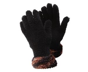 Floso Ladies/Womens Fluffy Extra Soft Winter Gloves With Patterned Cuff (Black/Copper) - GL247
