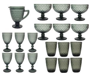 19 piece set Regal embossed patterned glass drink collection (wine water dessert water / cocktail jug) - smoky grey