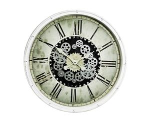 1pce 76cm White Antique Clock with Moving Cogs Roman Numerals - Shabby White