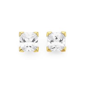 9ct Gold Cubic Zirconia 7mm Princess Cut Stud Earrings
