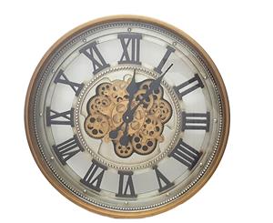 Round 60cm French Provincial round exposed gear moving cogs clock - Gold