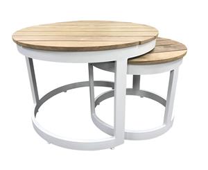 Round Industrial Aluminium Teak Top Coffee Table Set - Outdoor Aluminium Tables - White Aluminium with Teak top