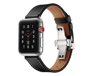 WIWU New Genuine Leather Watch Band Silver Metal Butterfly Buckle For Apple Watch 5/4/3/2/1-Black
