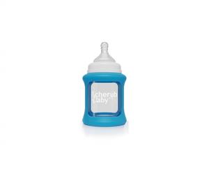 Cherub Baby Glass Single 150ml Bottle with Protective Colour Change Silicone Sleeve - Blue