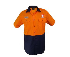 Newcastle Knights NRL Short Sleeve Button Work Shirt HI VIS ORANGE NAVY