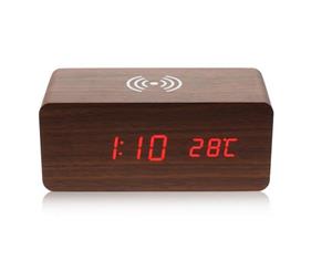 Wooden Alarm Clock with Qi Wireless Charging Pad-Brown