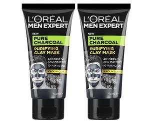 2 x L'Oreal Men Expert Pure Charcoal Purifying Clay Mask 50ml