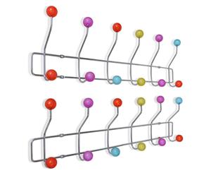 2x Colourful Wall Peg Board with 12 Hooks Coat Towel Holder Hanger
