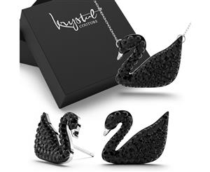 .925 Boxed Sterling Silver Jet Swan Necklace & Earrings Set-Silver/Black