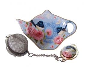French Country Inspired Elegant China BLUE WREN Tea Bag Holder with Strainer Set New