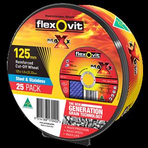 Flexovit 125 x 1.0 x 22.23mm Maxx Steel And Stainless Reinforced Cut Off Wheel - 25 Pack
